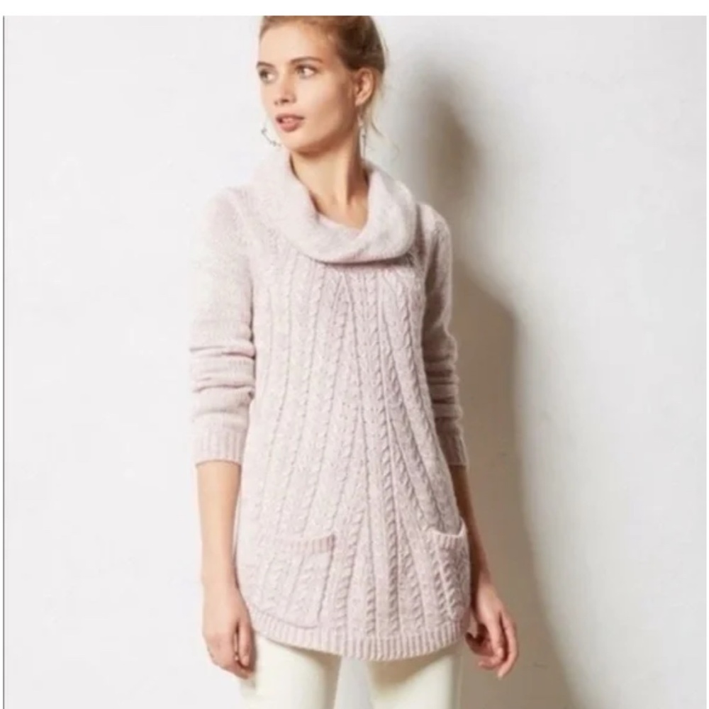 Anthropologie Guinevere Cowlneck Cable Knit Swing Sweater Marled Light Pink L